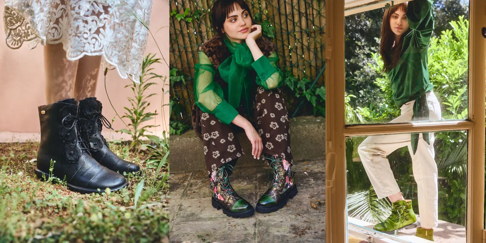 Knee boots black leather lace-up shoes, ankle-high, adorned with floral motifs
