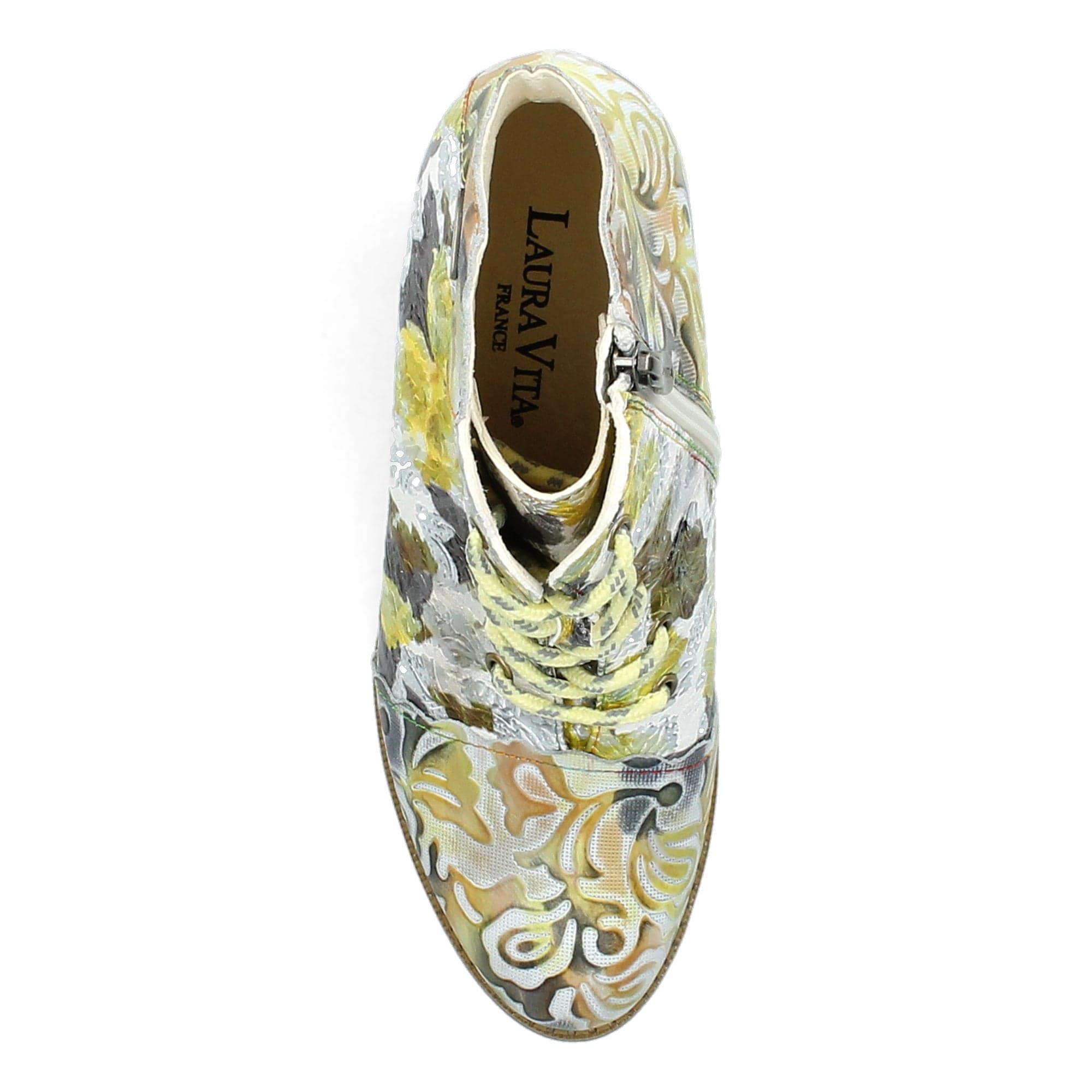 Bottines Femme LAURA VITA Alcbaneo 2271 - Cuir, Talon Stiletto 8cm, Motif Floral, Coloris Orange, Bleu, Jaune