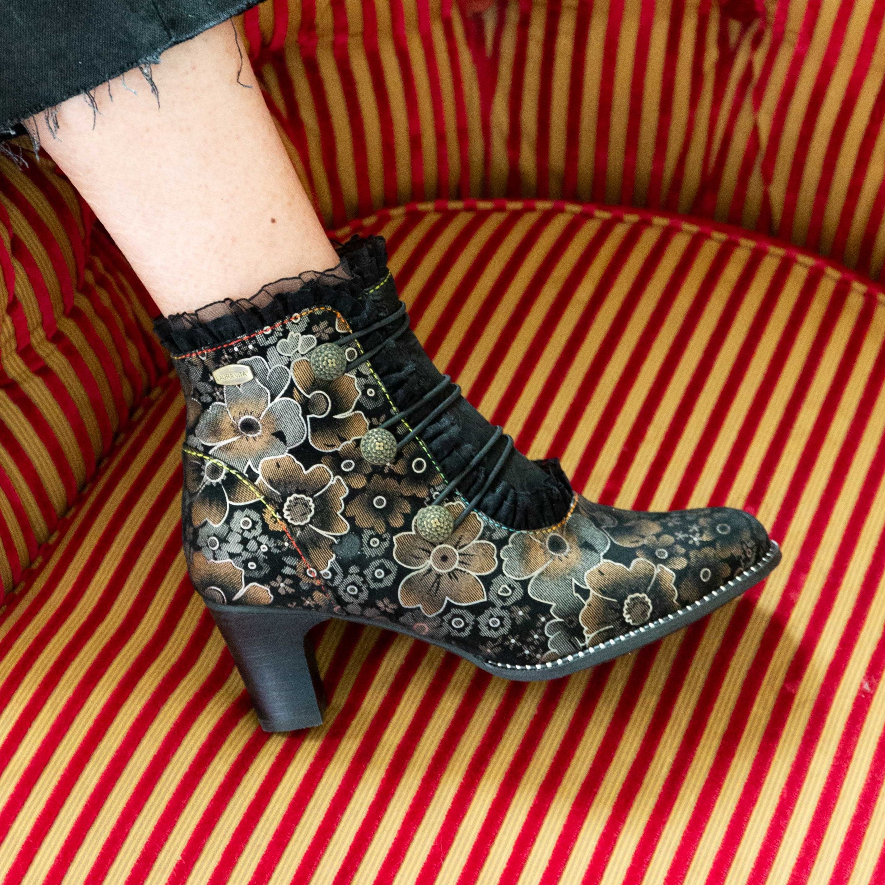 Bottines Femme Elcodieo 24 LAURA VITA - Talon Bloc 6 Cm, Tige 12 Cm - Cuir Et Textile - Motif Floral Et Effets Métalliques