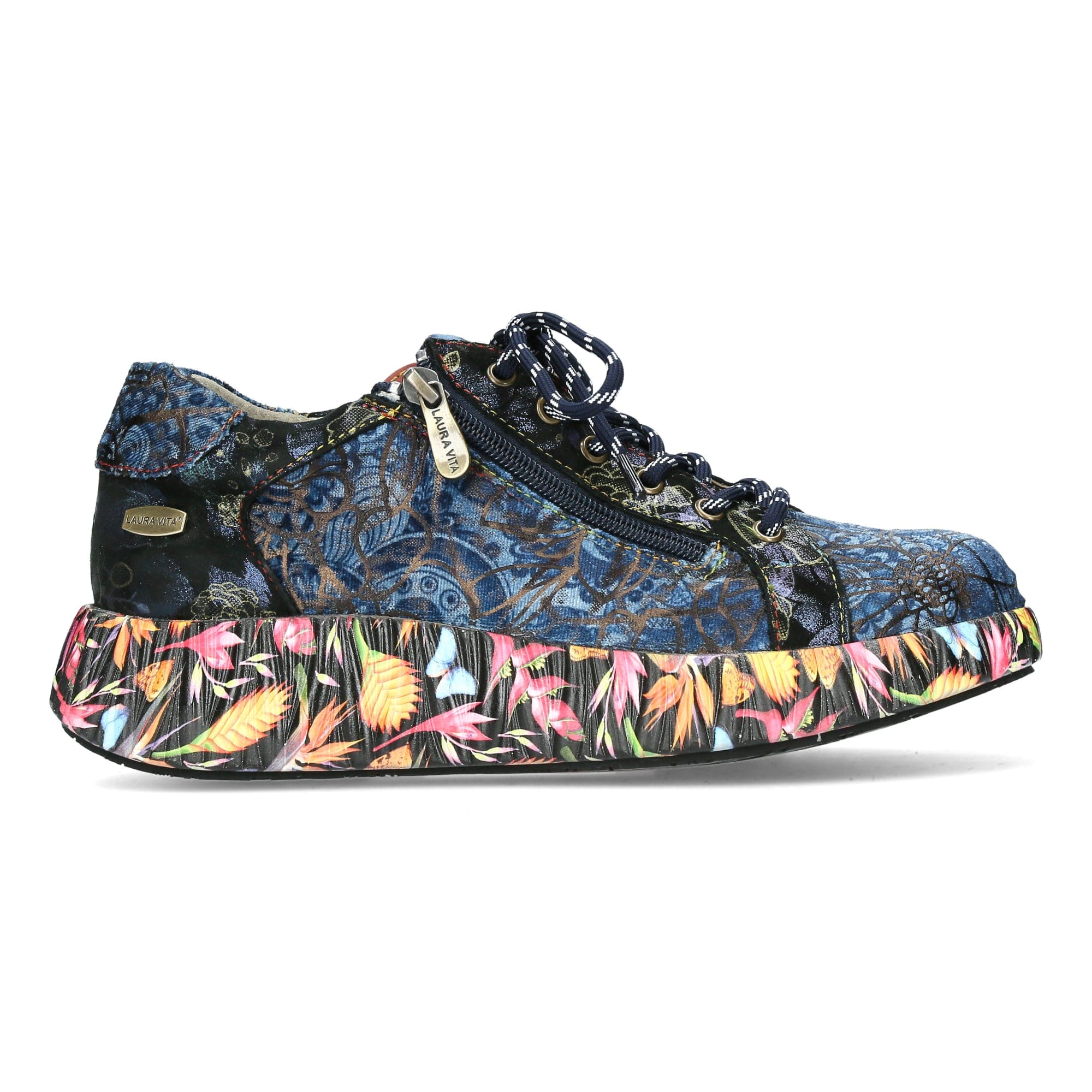 Bottines Victoriennes Gothiques Laura Vita - Cuir à Fleurs Bleues - Talon 6,5 Cm - Fermeture Zip Et Lacets