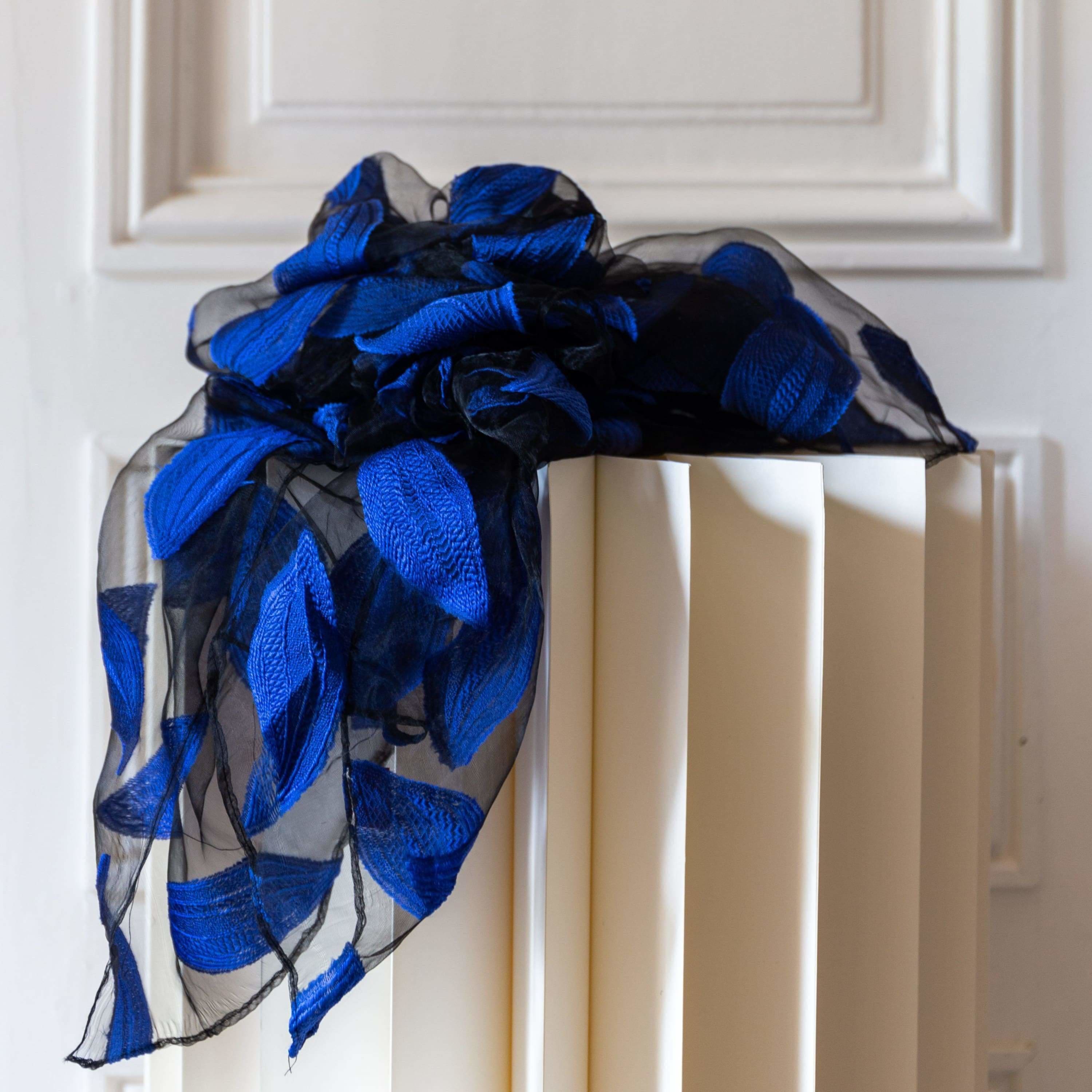 Foulard en Organza à broderies feuilles - Bleu - Foulard