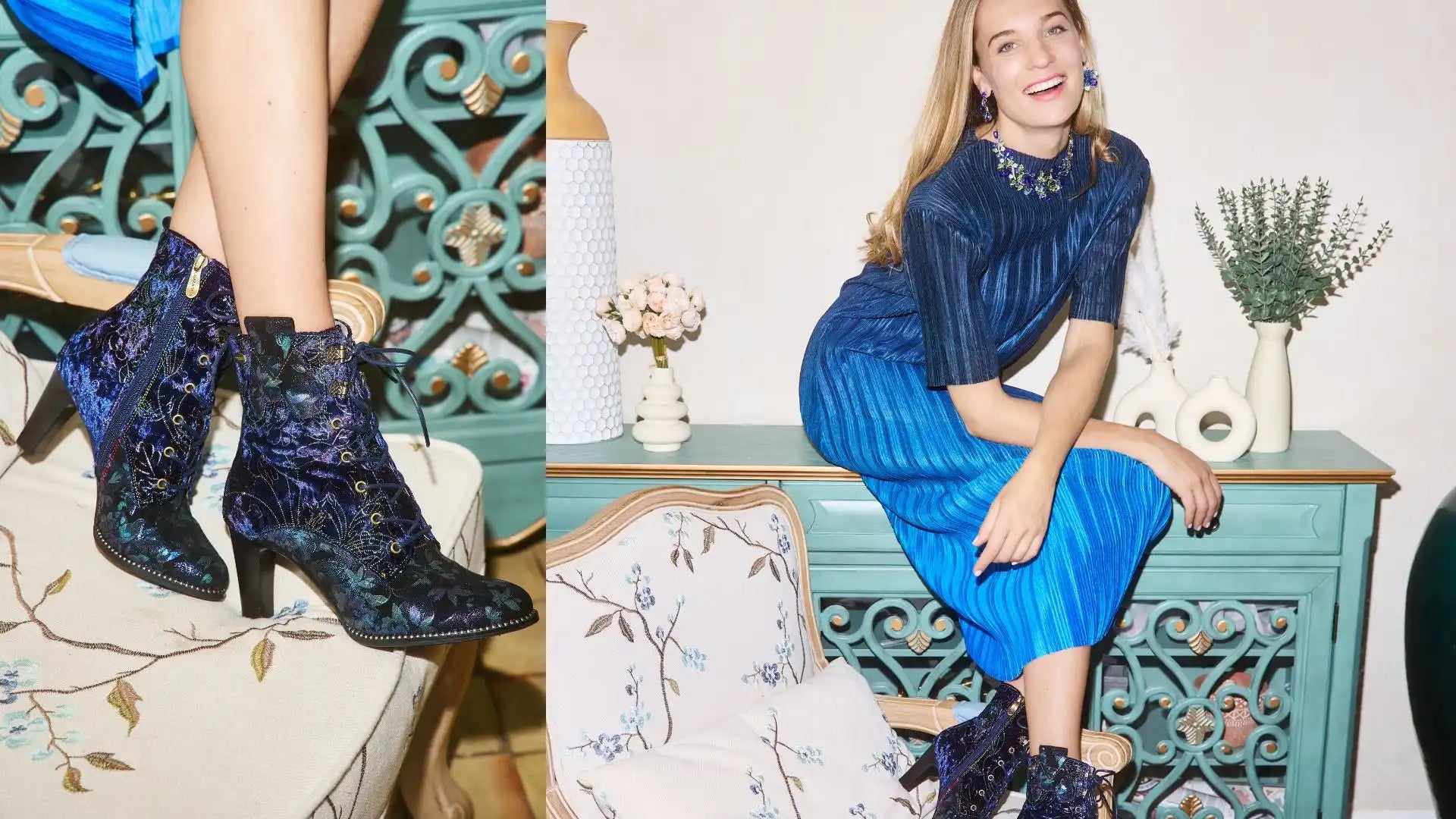 Femme portant un haut plissé bleu et une jupe, avec des bottines bleues à motifs à la cheville.