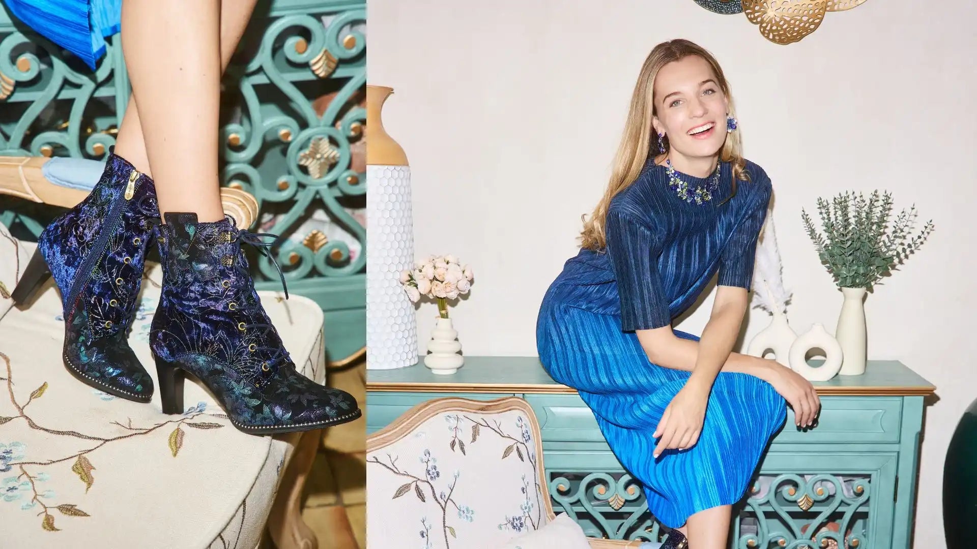 Une femme portant un haut plissé bleu et une jupe, ainsi qu'une paire de bottines à motifs floraux bleu foncé.