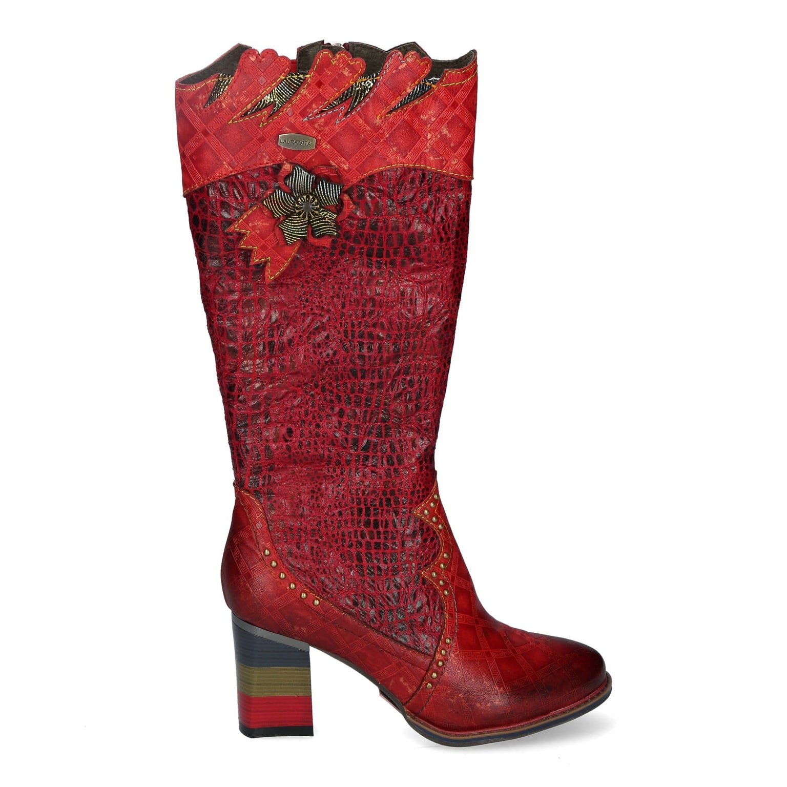 Bottes Pour Femmes LAURA VITA Idcano 07 - Design Floral Beige/roses, Talon Carré Stable, Fermeture Lacets