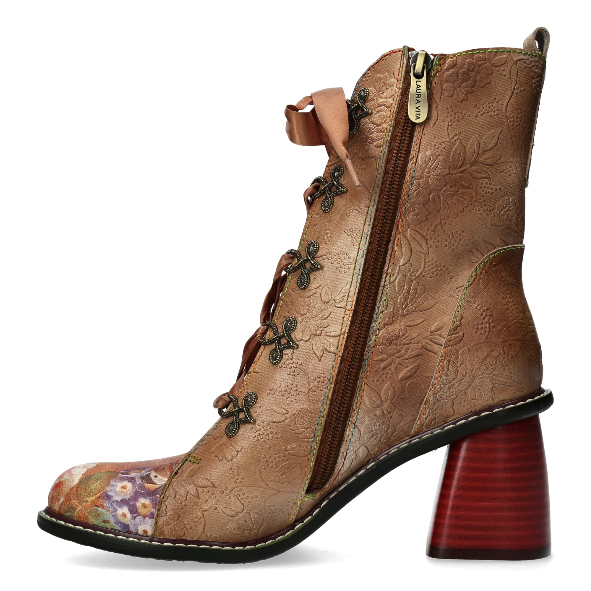 Botines Para Mujer Laura Vita Evcao 311 - Cuero Y Textil Con Estampado Floral Y Tacón De 7 Cm